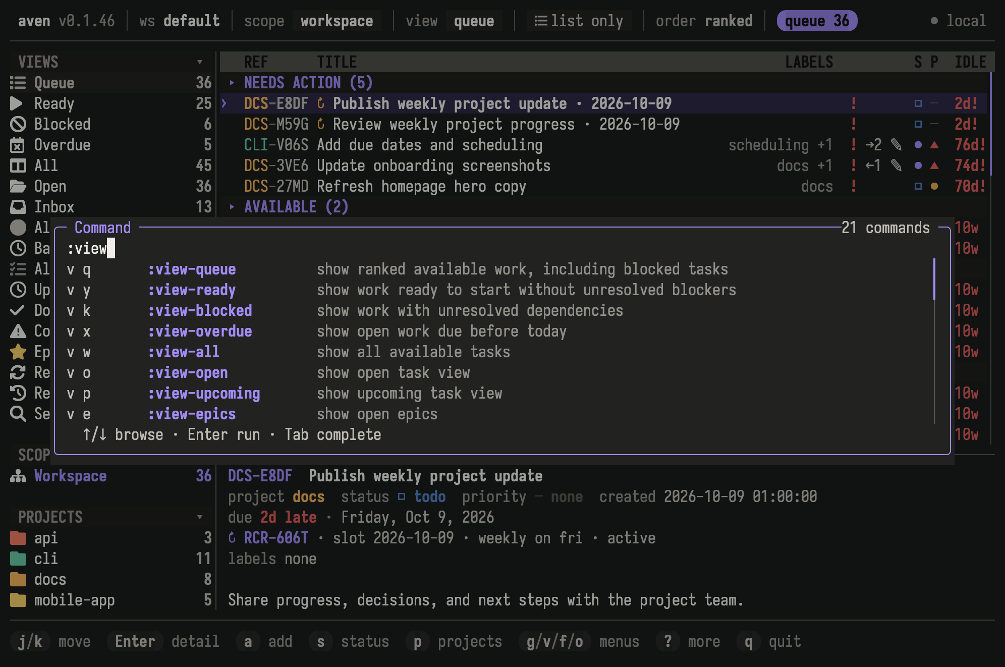 Aven command palette filtering view commands over the queue, showing command names, keyboard shortcuts, and descriptions.