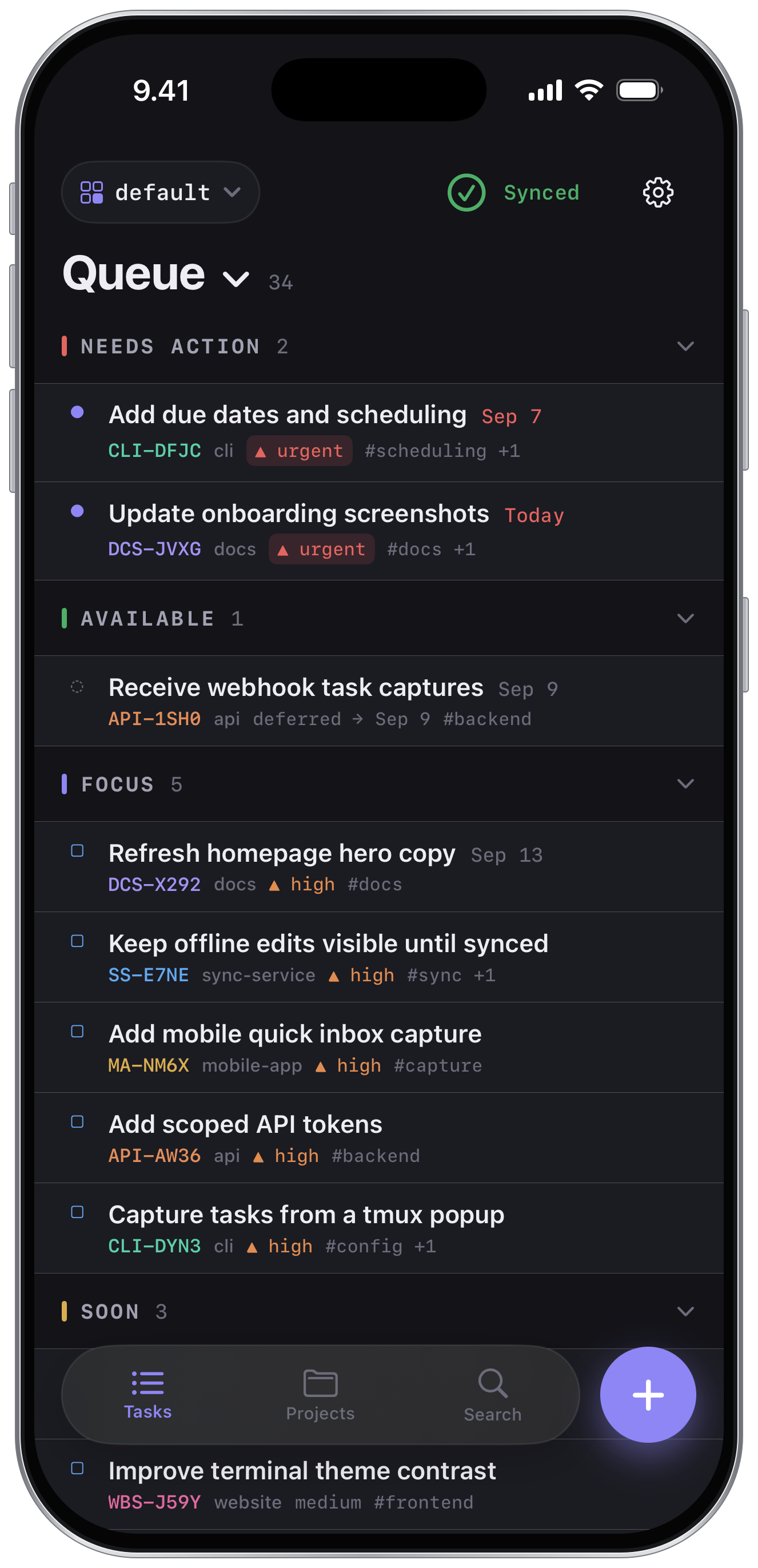 Aven for iOS showing the synced task queue with priorities and project labels in dark mode.