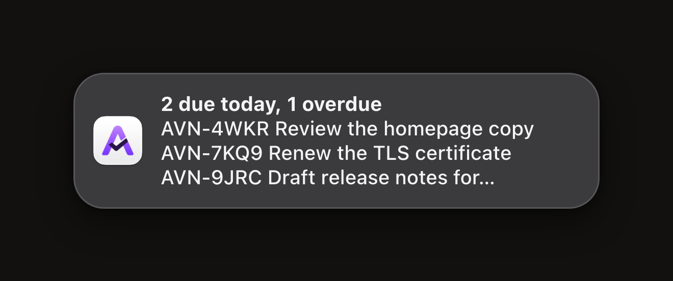 Illustration of an Aven daily digest notification titled 2 due today, 1 overdue, listing three tasks by ref and title