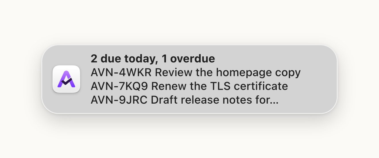 Illustration of an Aven daily digest notification titled 2 due today, 1 overdue, listing three tasks by ref and title