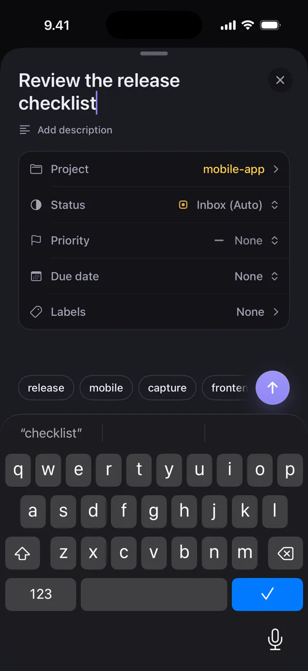 The capture sheet on iPhone with “Review the release checklist” in the mobile-app project