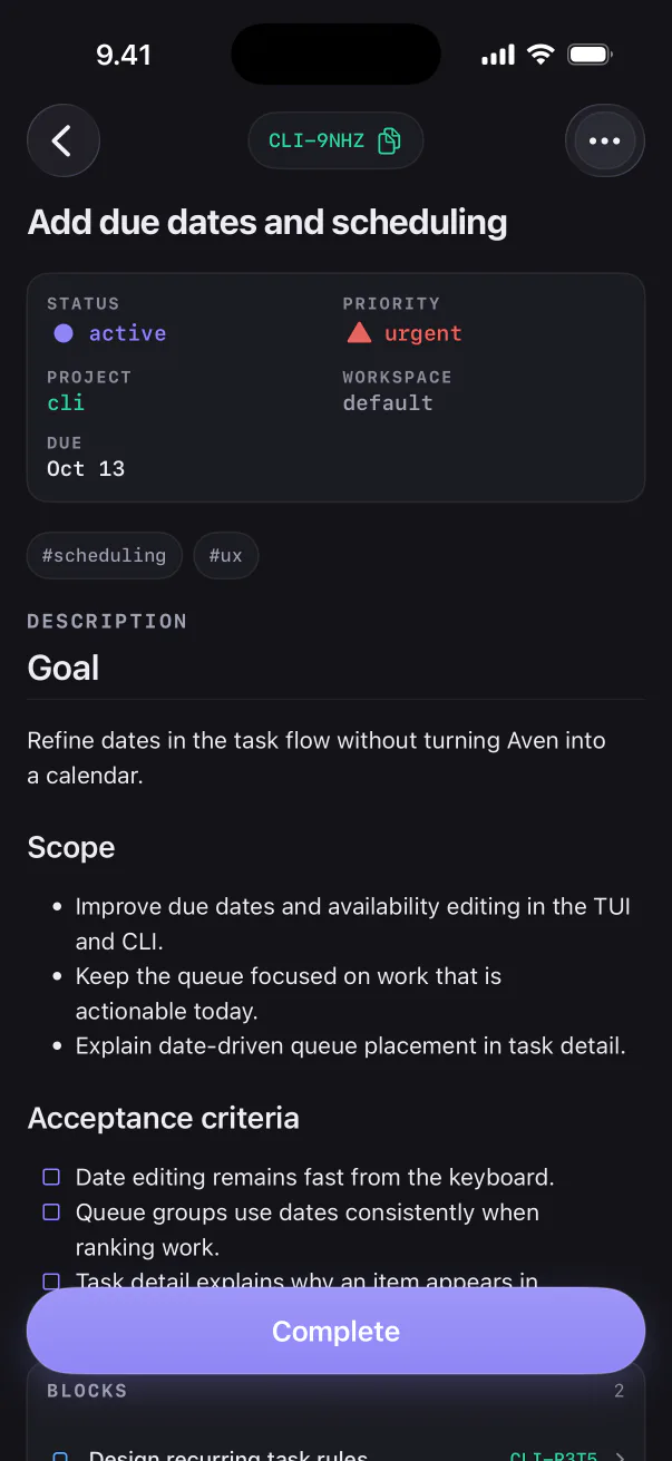 Task detail on iPhone with its description and acceptance criteria