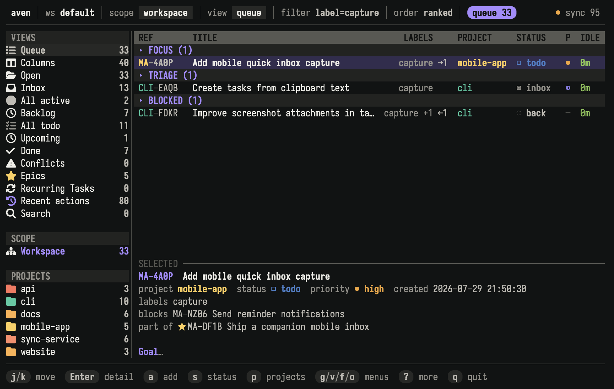 Aven Queue at workspace scope filtered to capture tasks across the mobile-app and cli projects