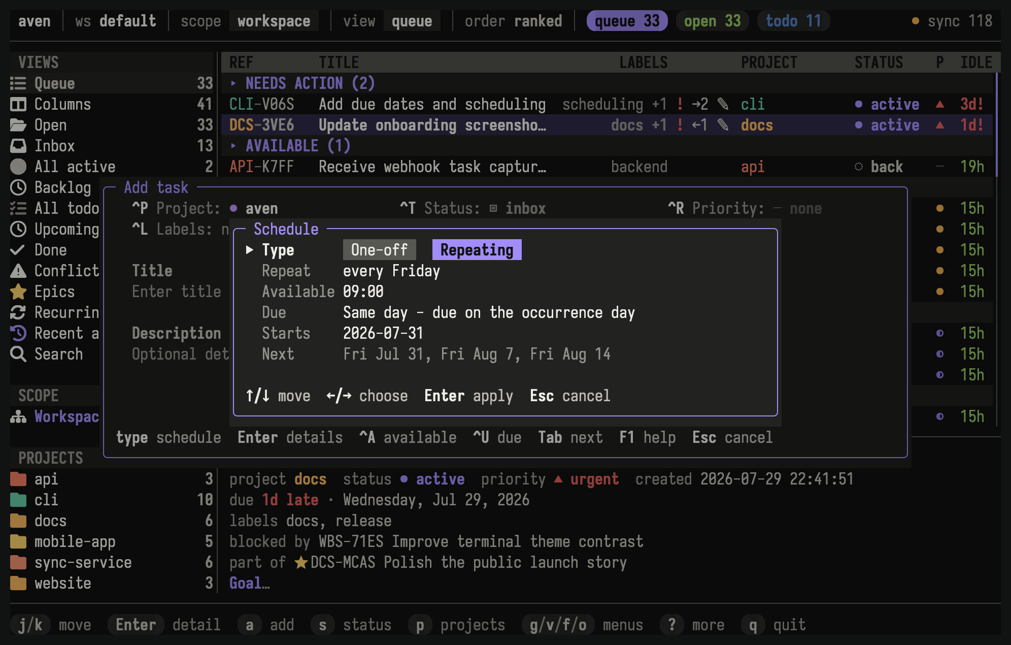 Aven task composer with a weekly repeating schedule and preview dates