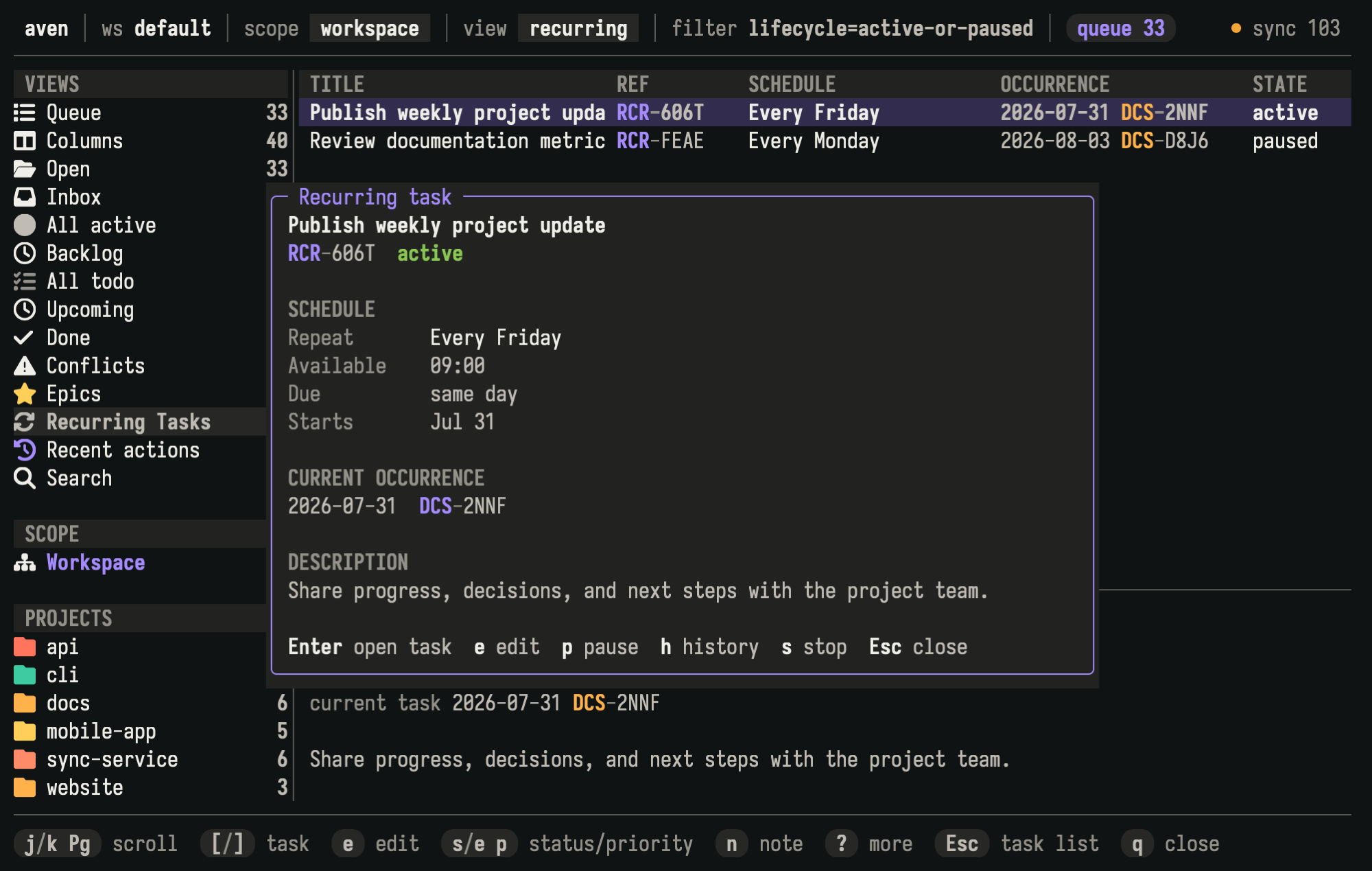 Aven recurring-task detail showing an active weekly schedule and its current occurrence