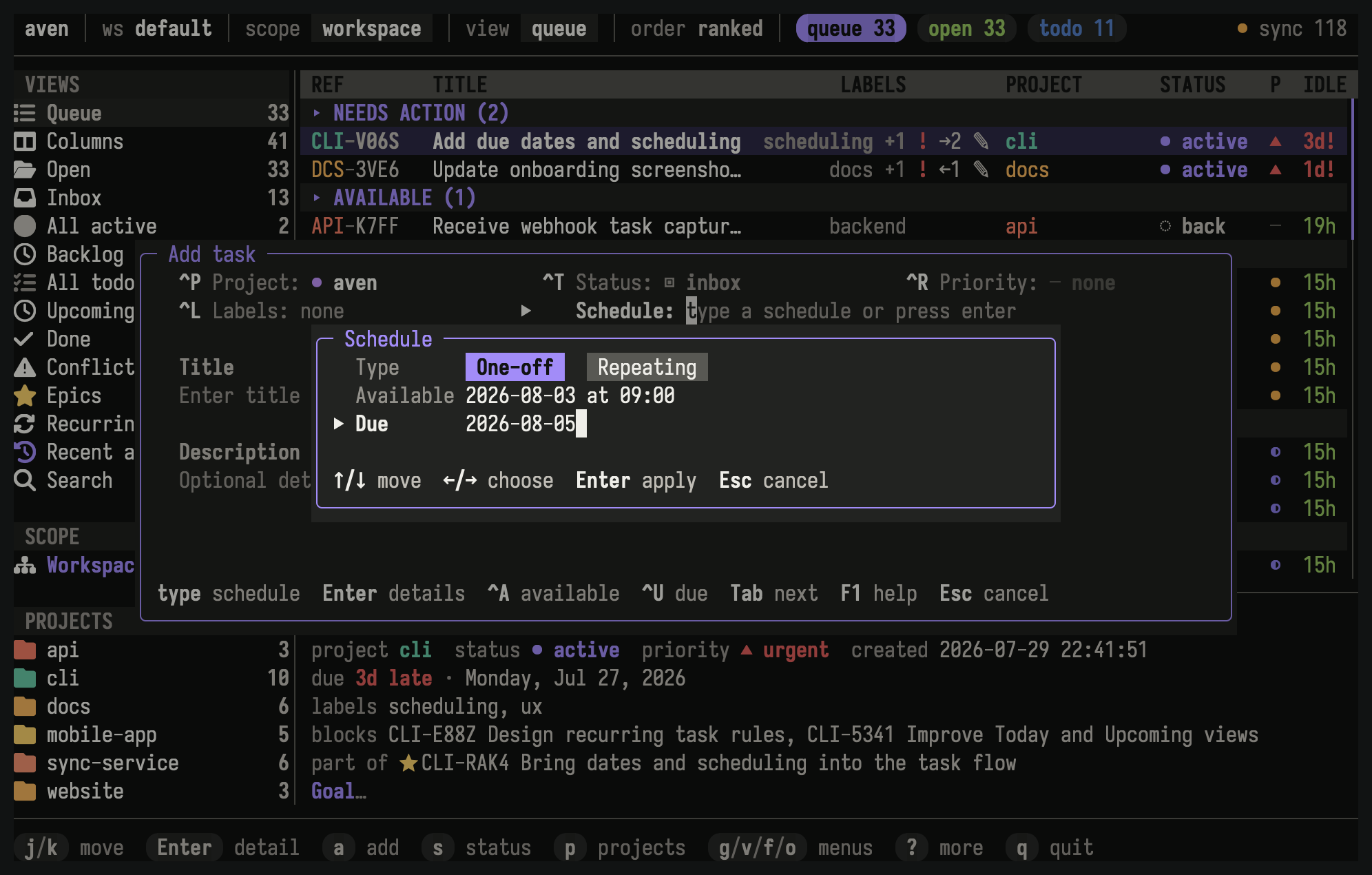 Aven task composer with the structured One-off schedule editor open