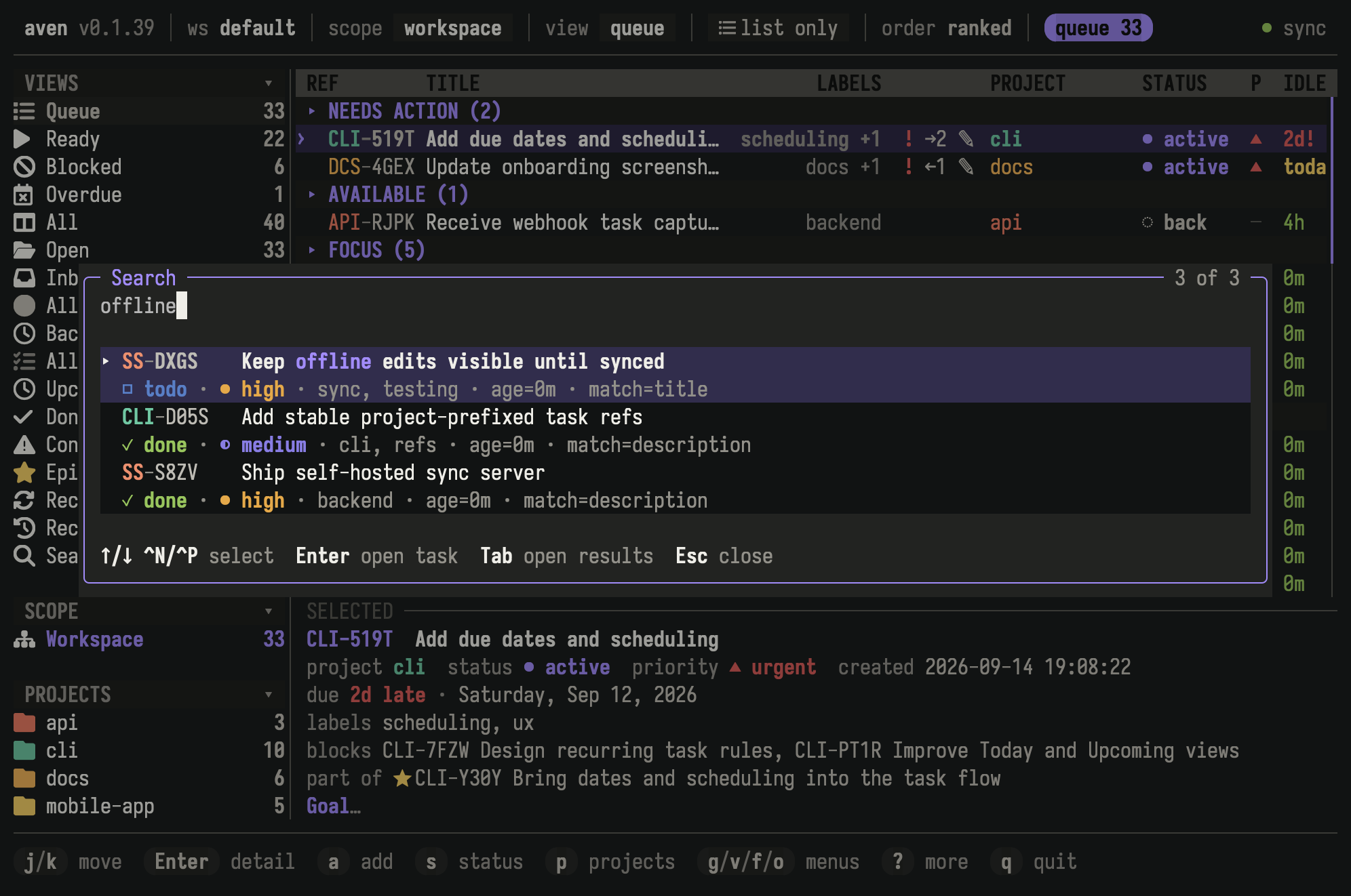 Aven search for offline showing three tasks across projects, with matches in task titles and descriptions.